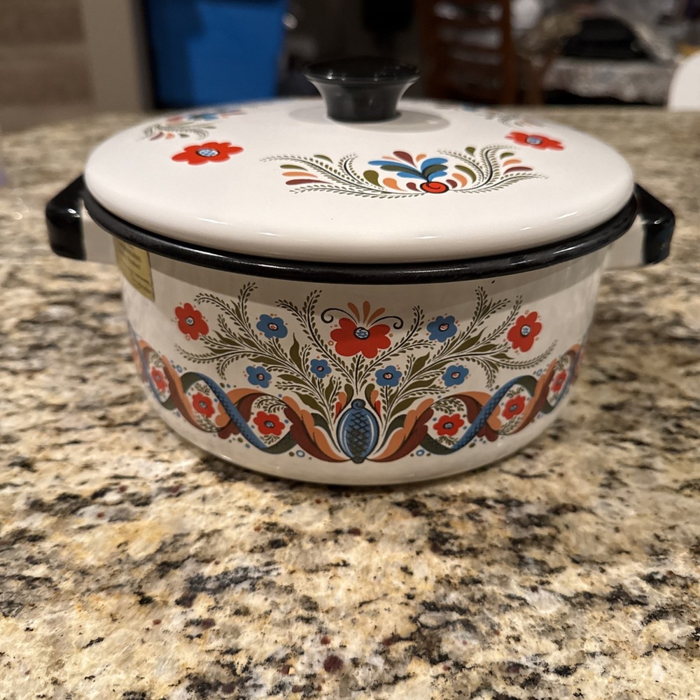 Boho Decorative Enamel Ware Pot 8x8x3.5 Plus Lid NOS 1965